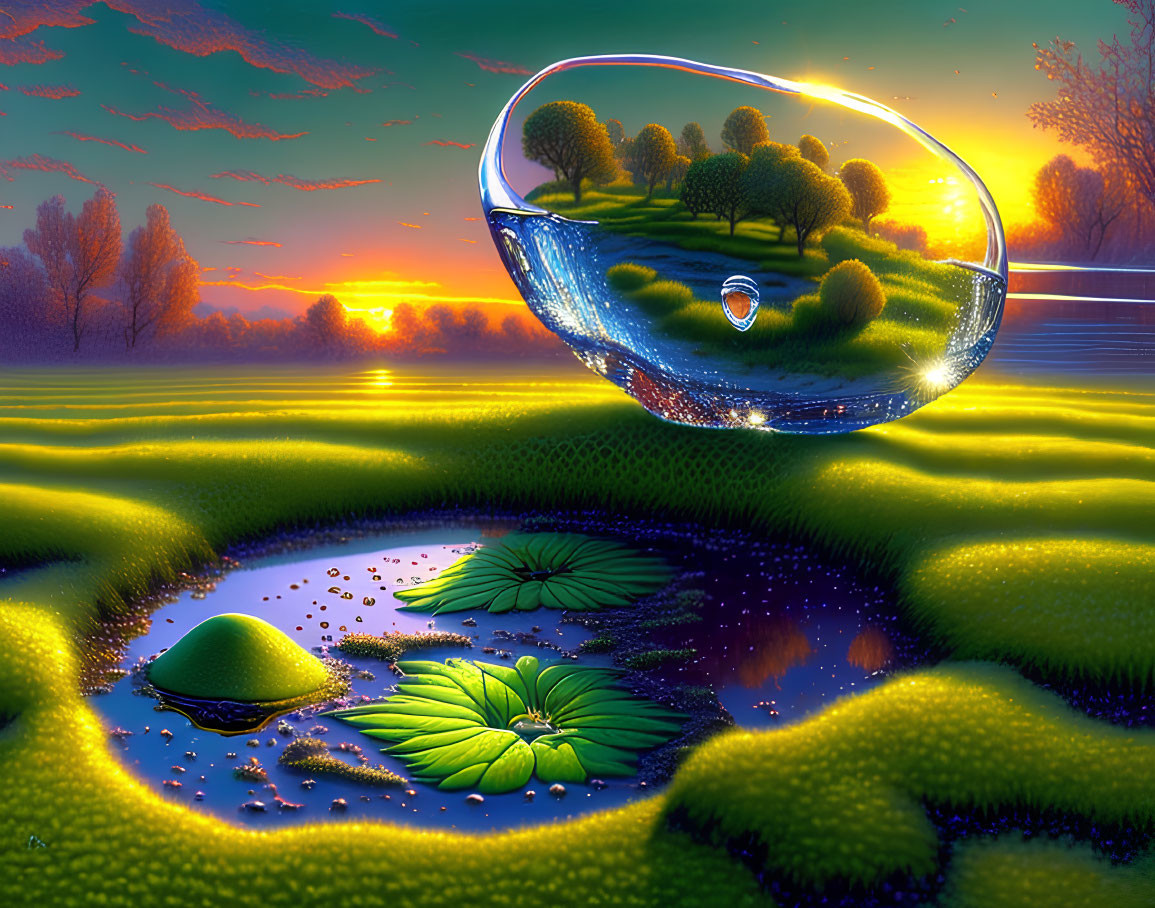 Surreal landscape with floating crystal sphere and vibrant nature scene