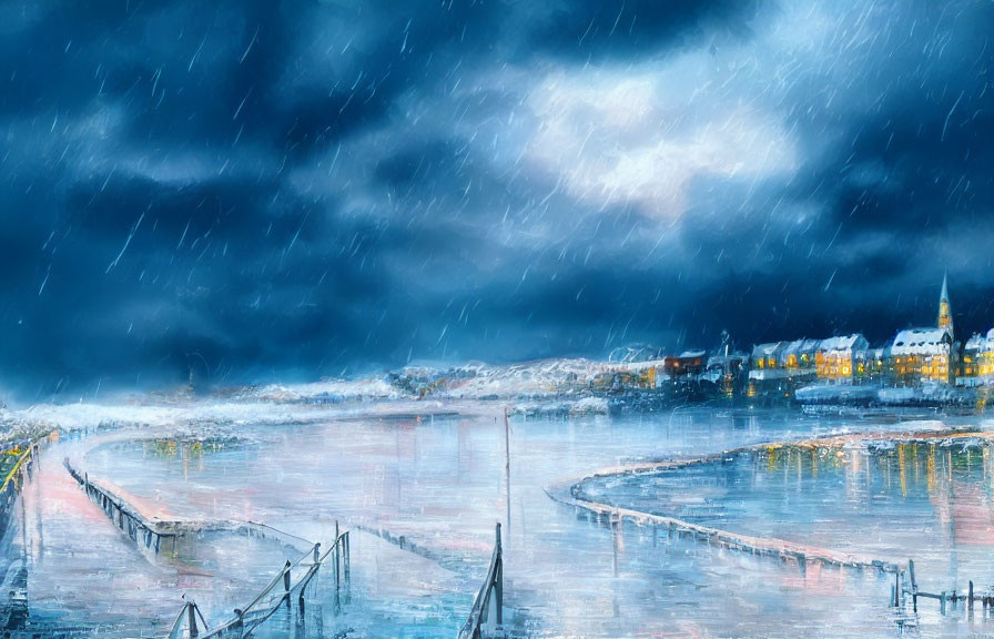 Stormy night painting of waterfront town under rain.