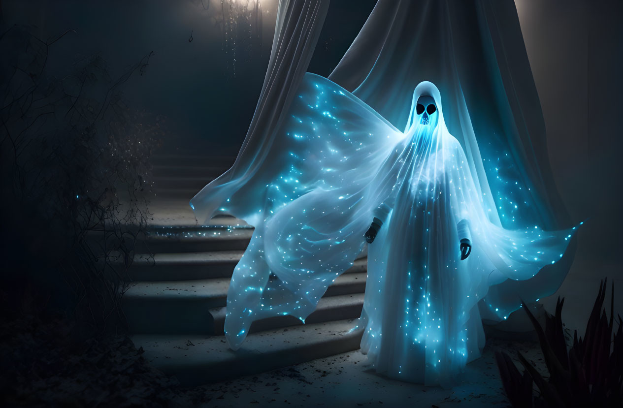 Spectral figure with blue wings on misty stairs draped in luminescent fog