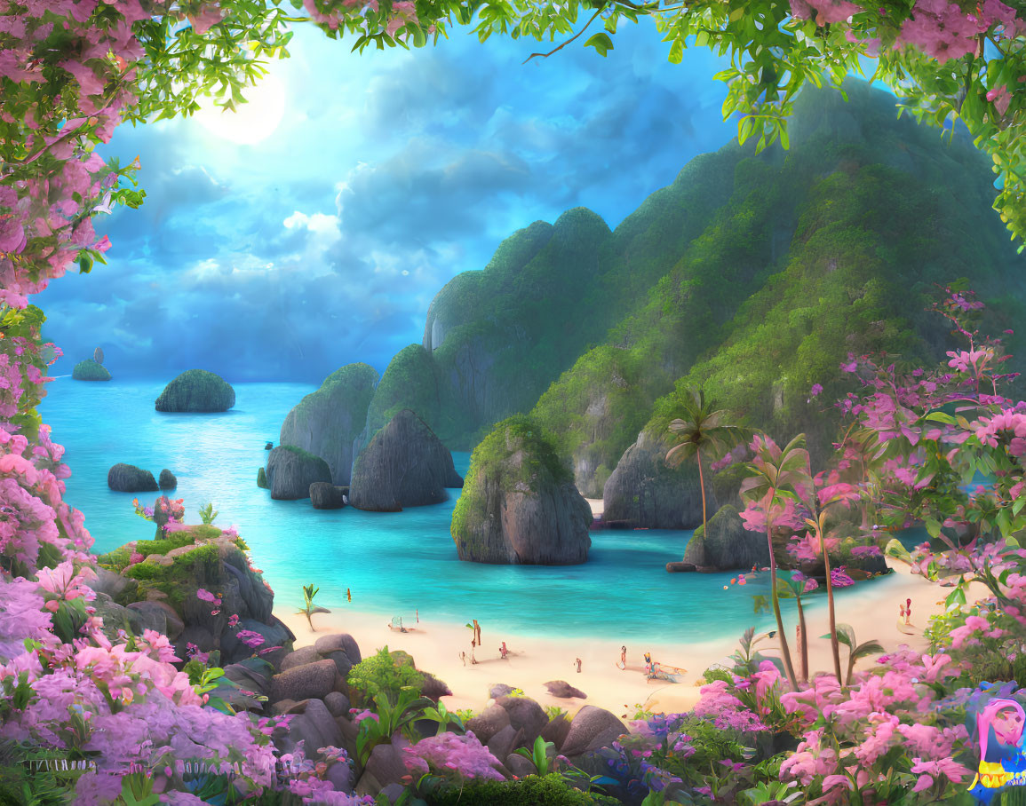 Tropical Beach with Cliffs, Pink Trees, and People Relaxing
