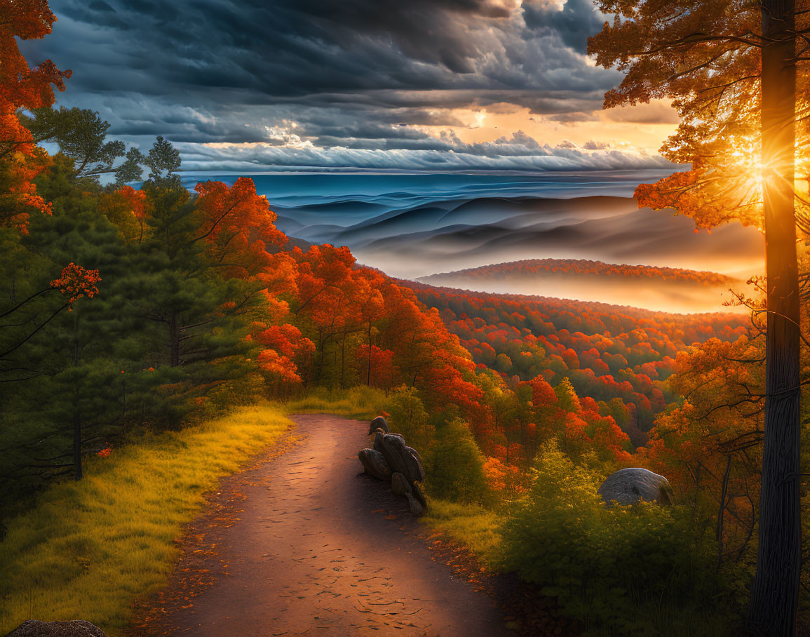 Scenic autumn forest path with misty hills at sunrise