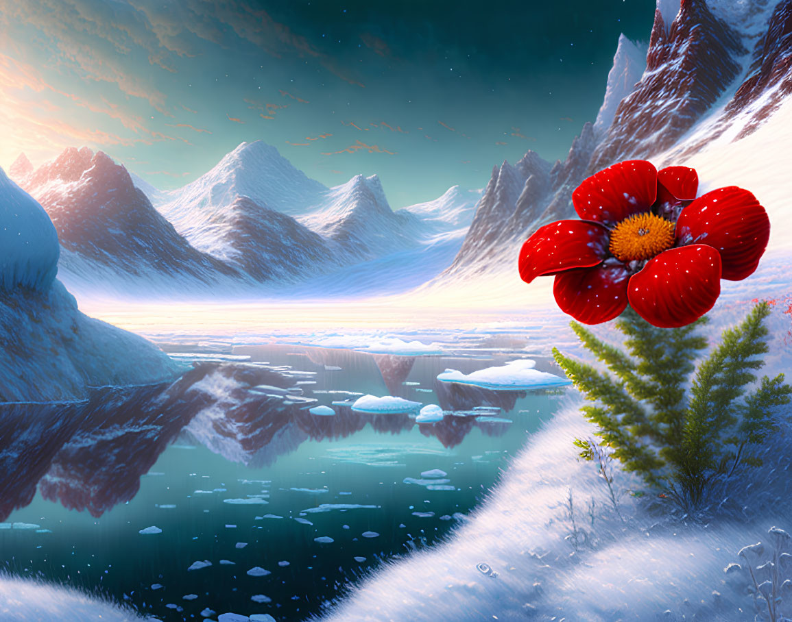 Red flower blooming in snowy mountain landscape with mirror lake