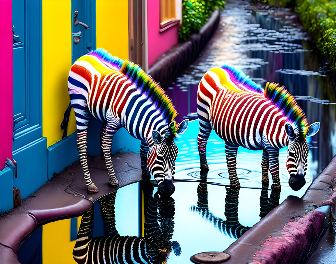 Three colorful zebras by water canal with vibrant houses in background