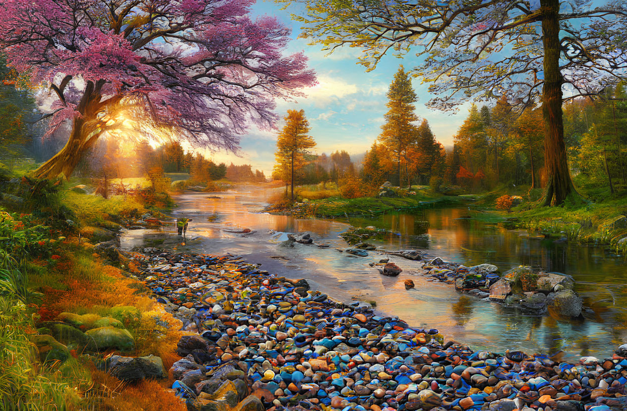 Scenic landscape with cherry blossom tree, sunlit river, lush greenery