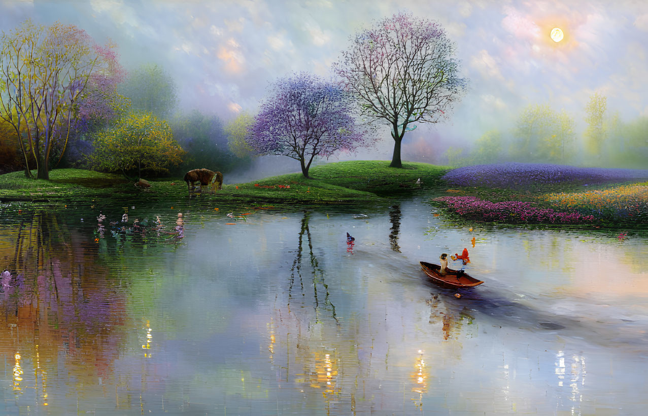 Tranquil river scene with boat, blooming trees, cattle, flowers, and mist