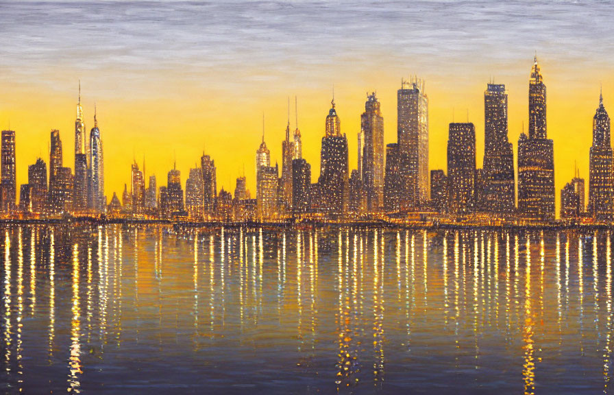 Panoramic City Skyline Sunset Painting with Yellow and Orange Hues