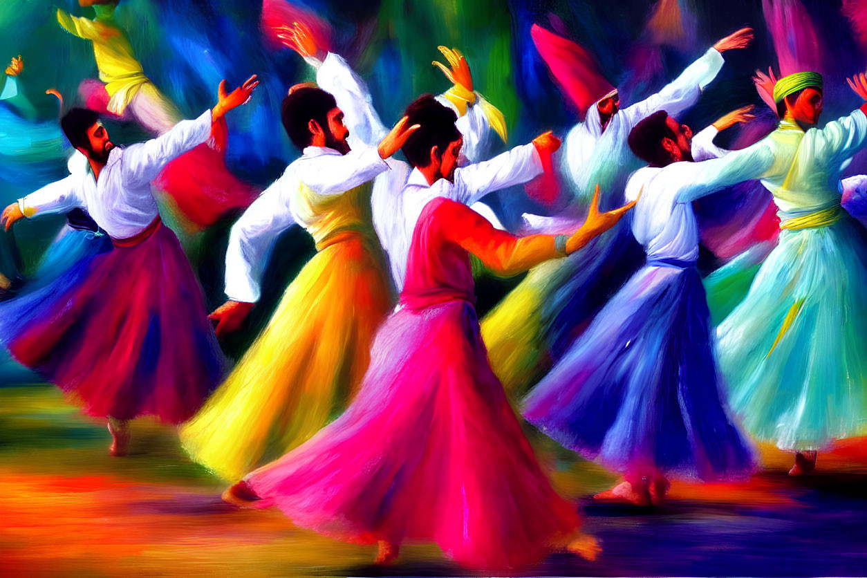 Colorful Traditional Attire Dancers Painting on Dark Background