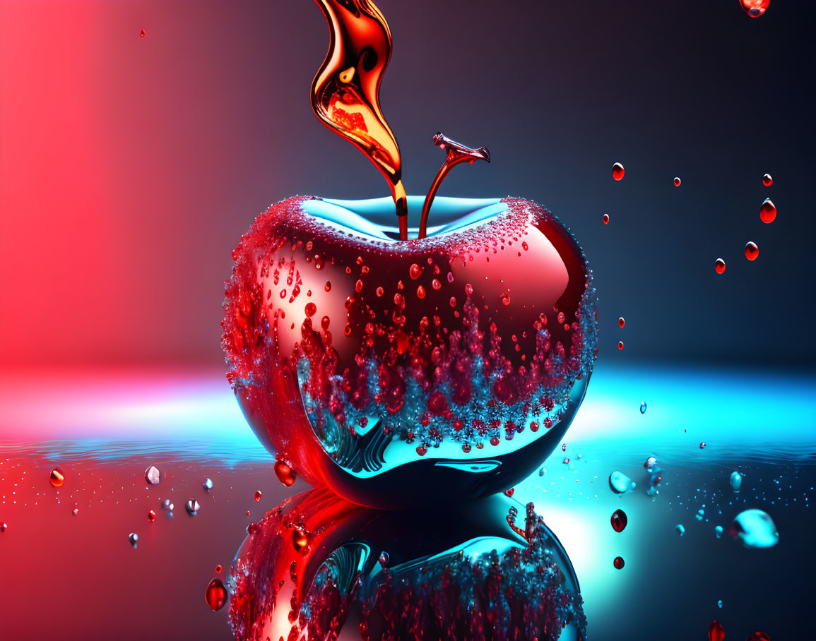 Red Apple with Droplets and Gold Stem on Mirrored Surface