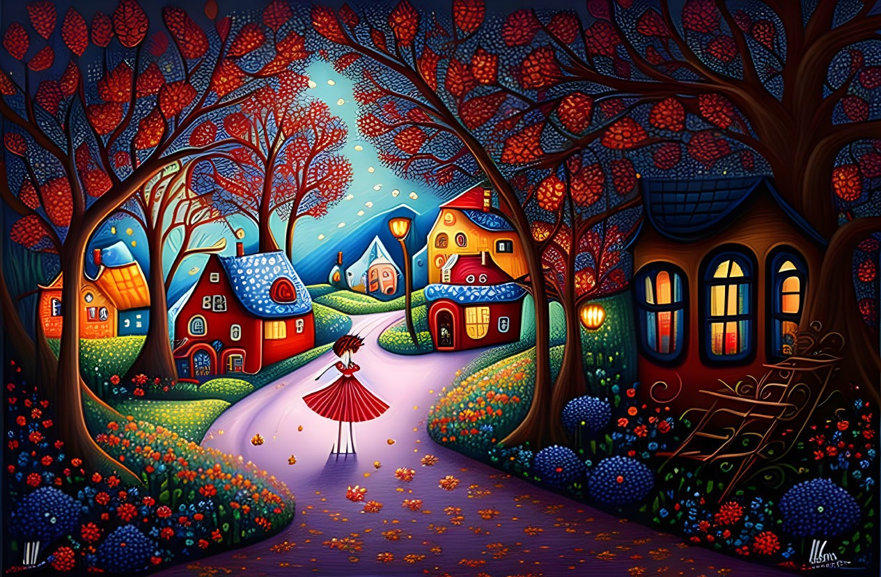 Colorful Artwork of Person Strolling in Flower-Lined Village at Night