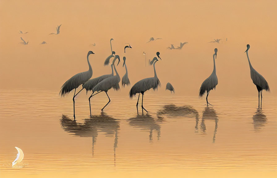 Cranes on the background of a sunrise in a natural
