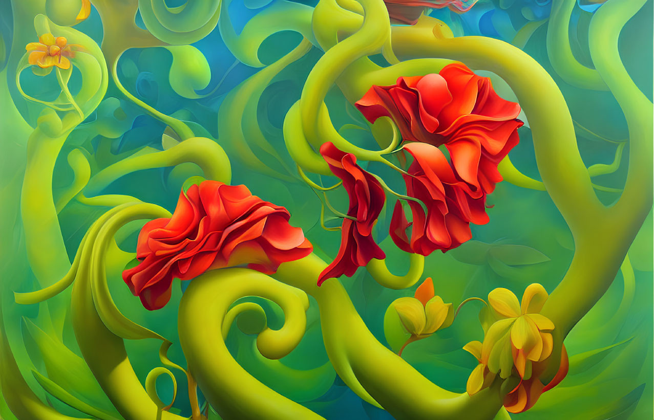 Vibrant surreal artwork: red roses, yellow flowers, green stems on blue-green gradient.