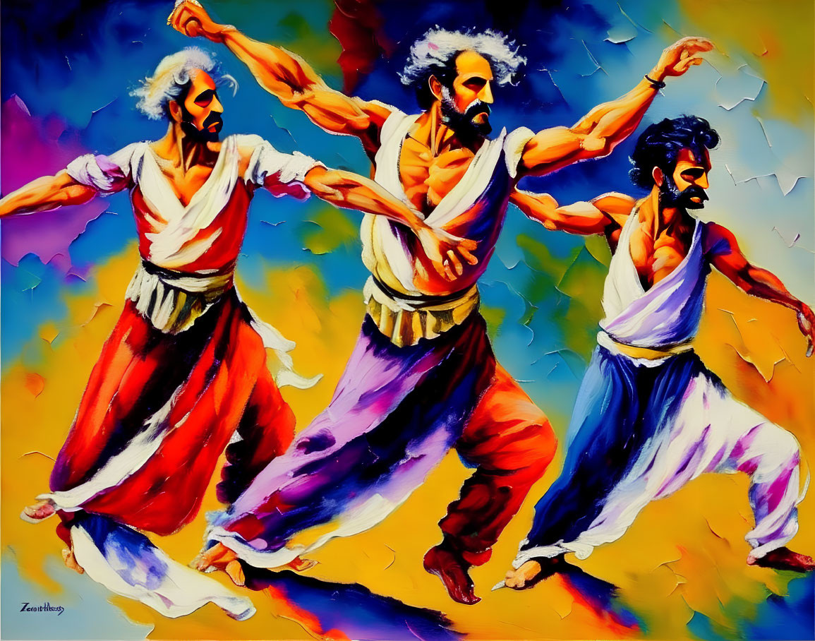 Traditional dance performance by three men in white shirts and colorful waistcloths against a vibrant backdrop