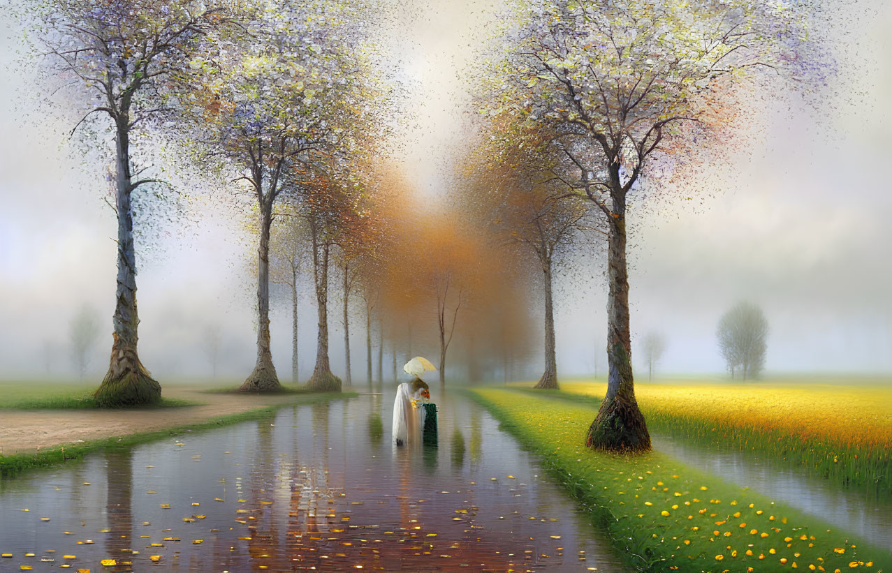 Person with umbrella walking on waterlogged path in misty landscape