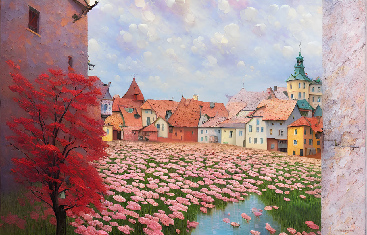 Colorful Village and Pink Flower Field by Waterfront under Soft Cloudy Sky
