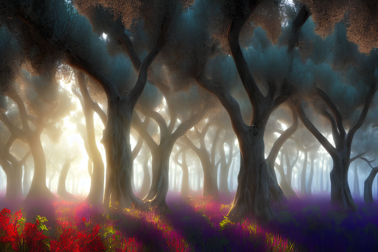 Ethereal forest with sunlight filtering through dense foliage and colorful underbrush