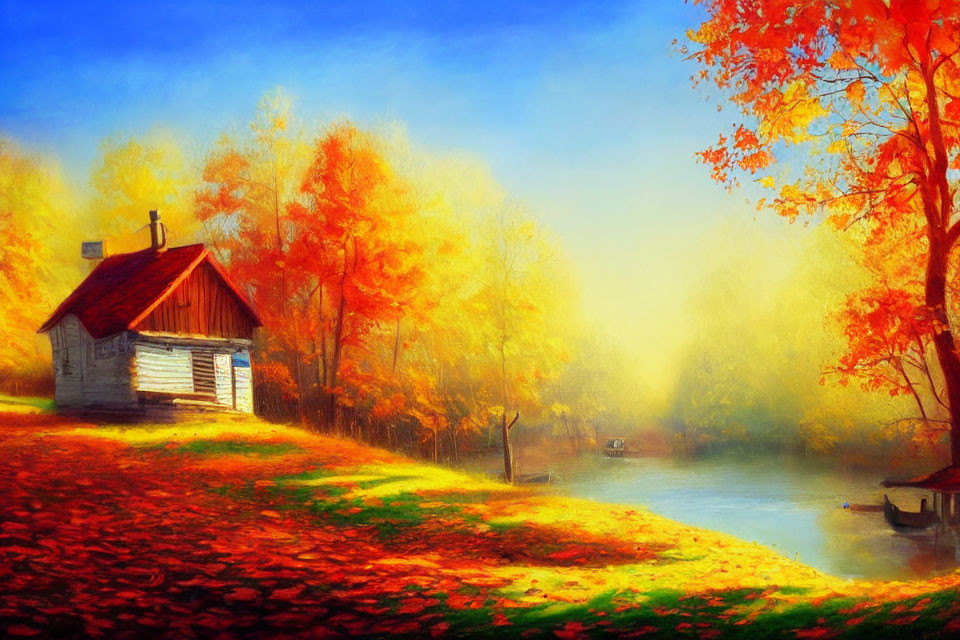 Scenic autumn cabin by lake with golden foliage