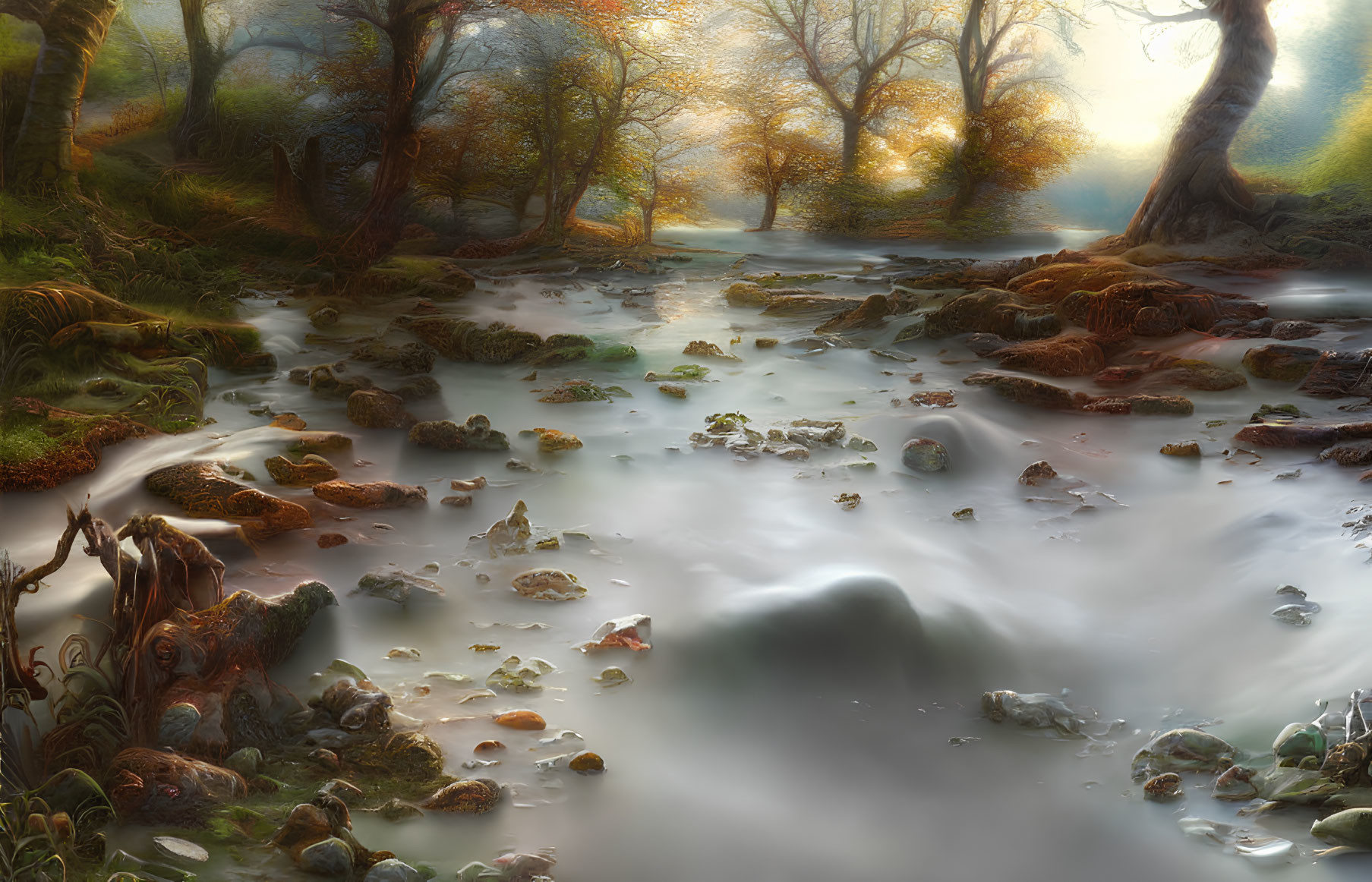 Tranquil forest river scene with misty water and autumn trees
