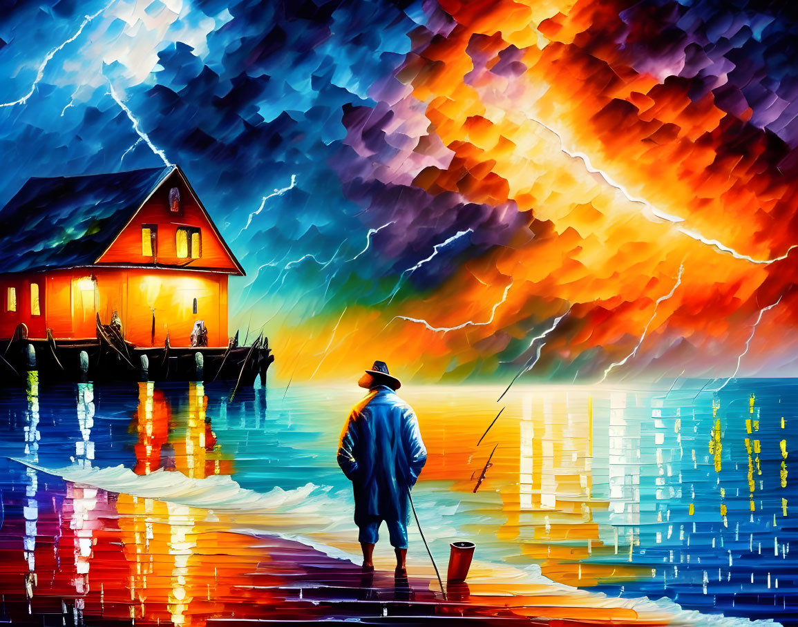 Colorful painting of person fishing on dock with stormy sky and lightning.