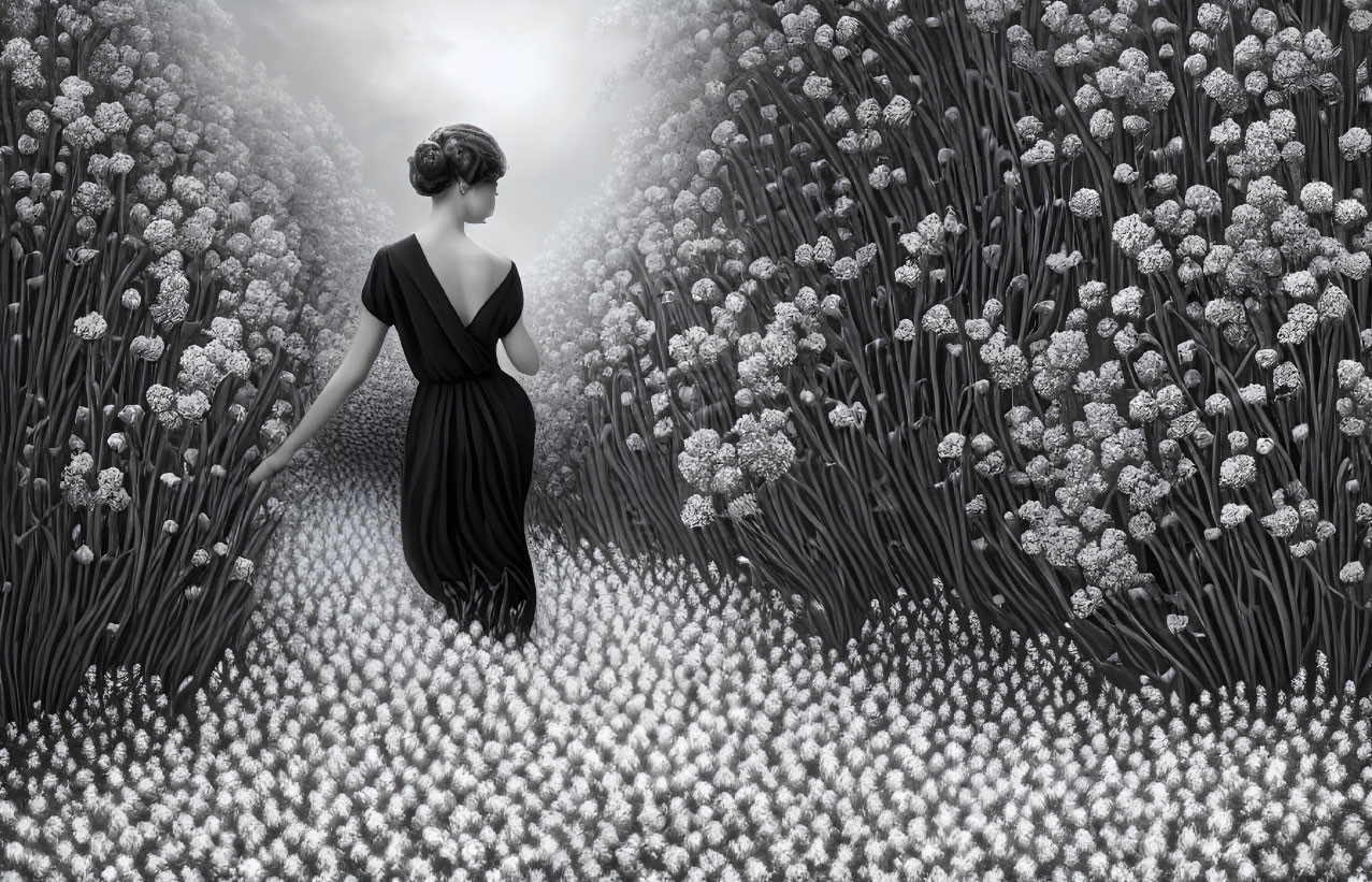 Monochromatic image: Woman in black dress walking through surreal flower field