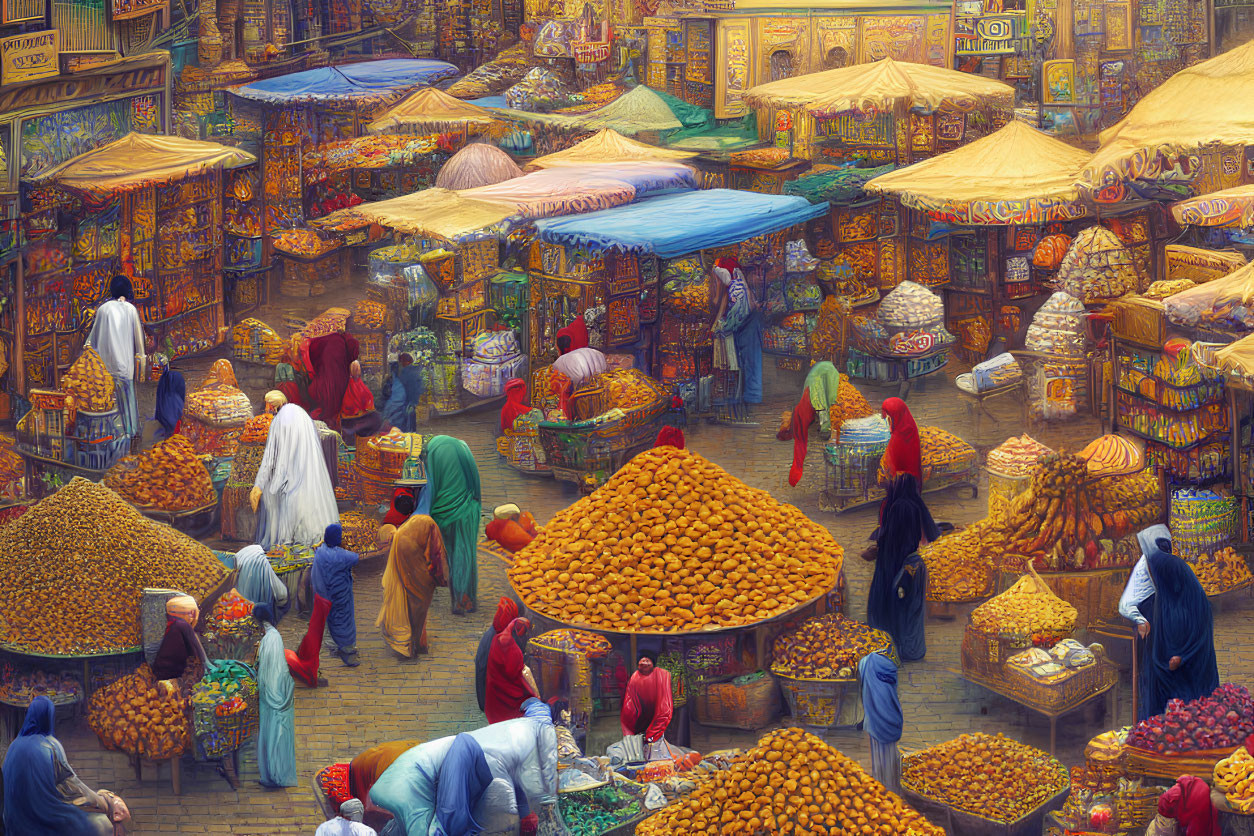 Vibrant traditional market with colorful stalls, vendors, shoppers, and fresh produce.