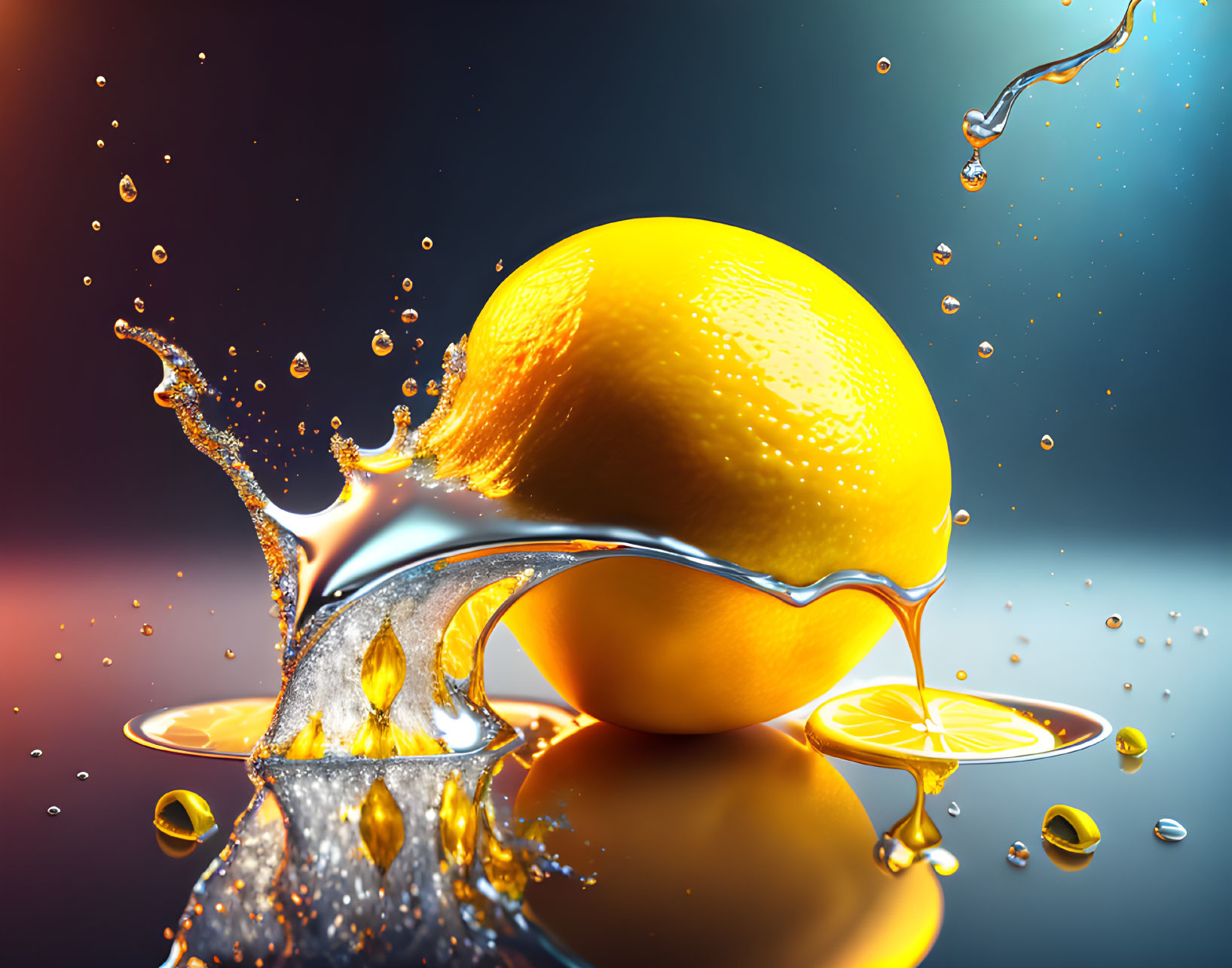 Bright Lemon with Splashing Water on Glossy Surface