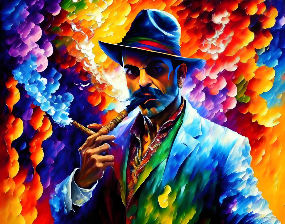 Colorful painting of man with mustache, hat, and pipe on fiery background