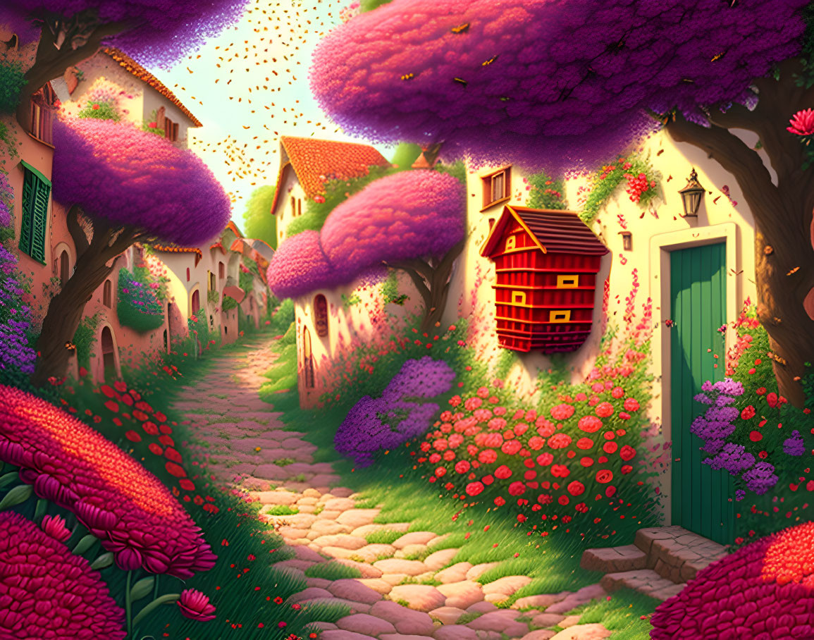 Colorful Fantasy Village with Cobblestone Paths and Purple-Treed Houses