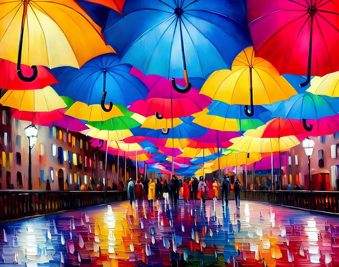 Vibrant Street Scene with Colorful Umbrellas and Pedestrians