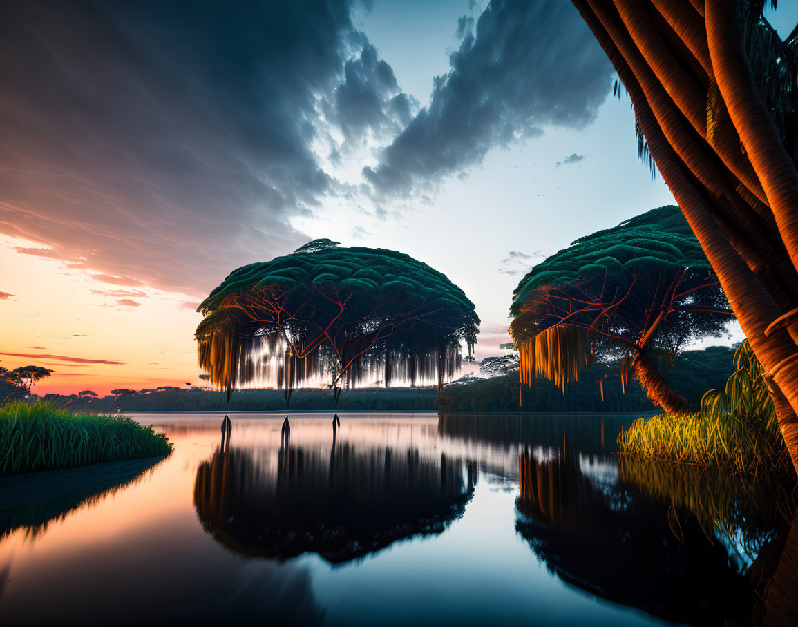 Tranquil lake at sunset with large trees and palm leaves reflected.
