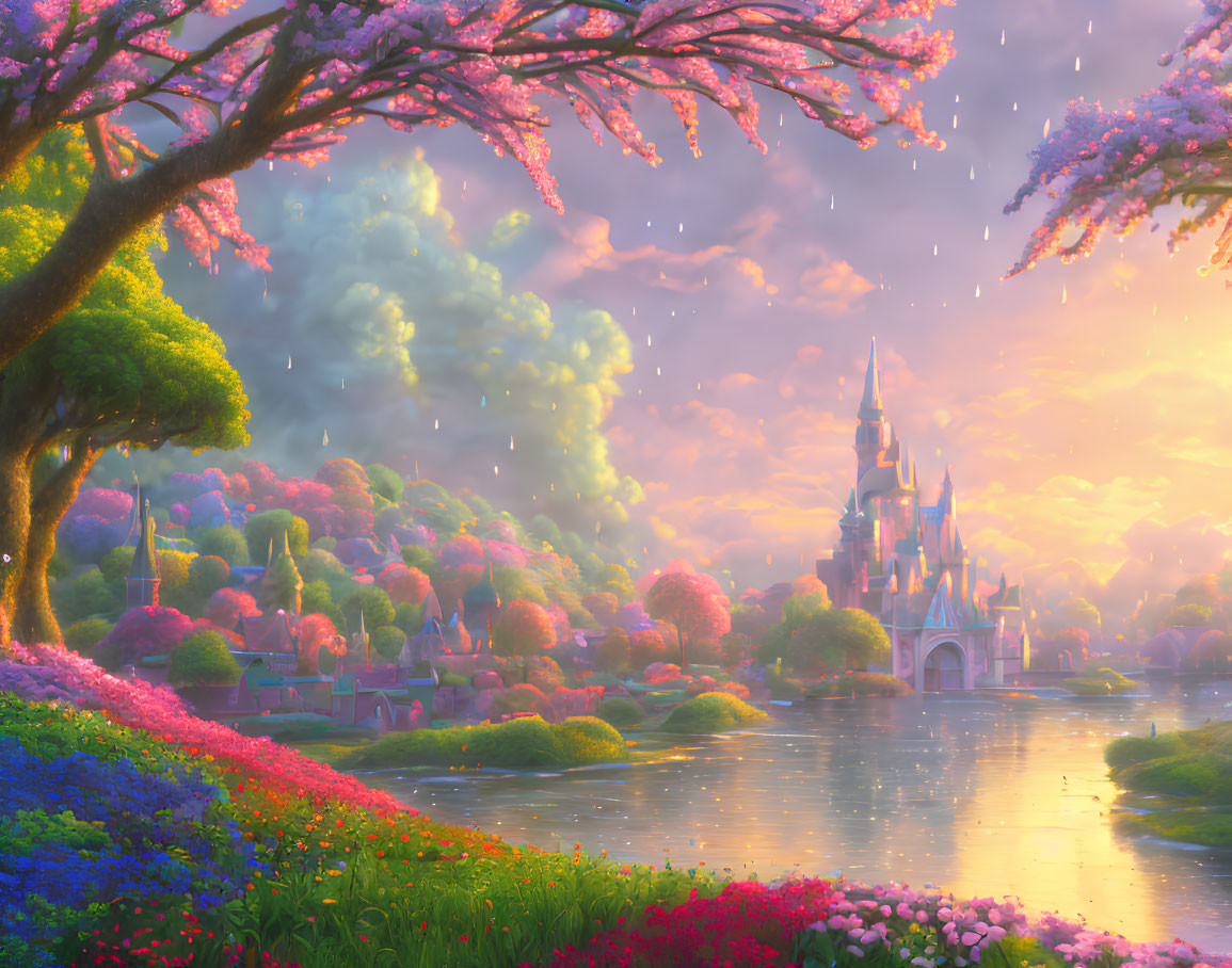 Enchanted landscape with castle, blooming trees, and river in golden-hour glow