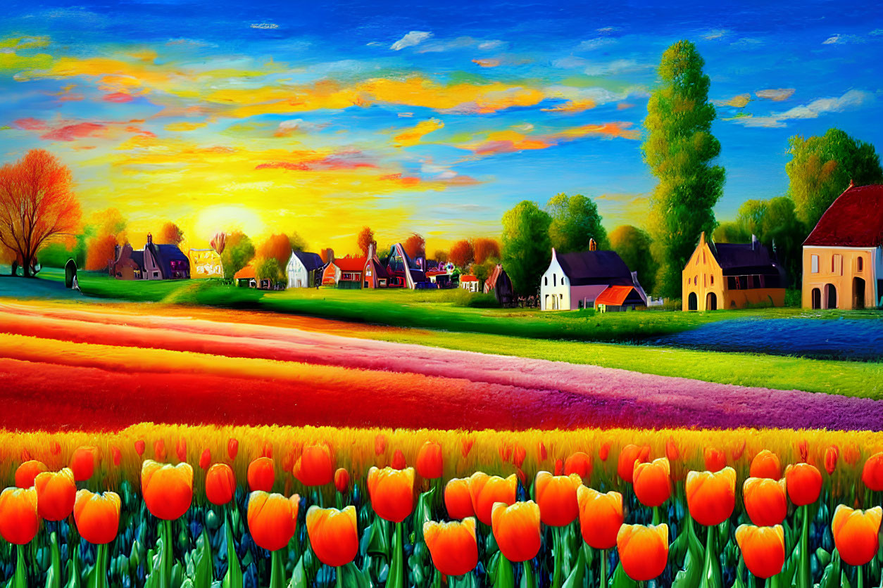 Multicolored rows of vibrant tulips with charming houses under sunset sky