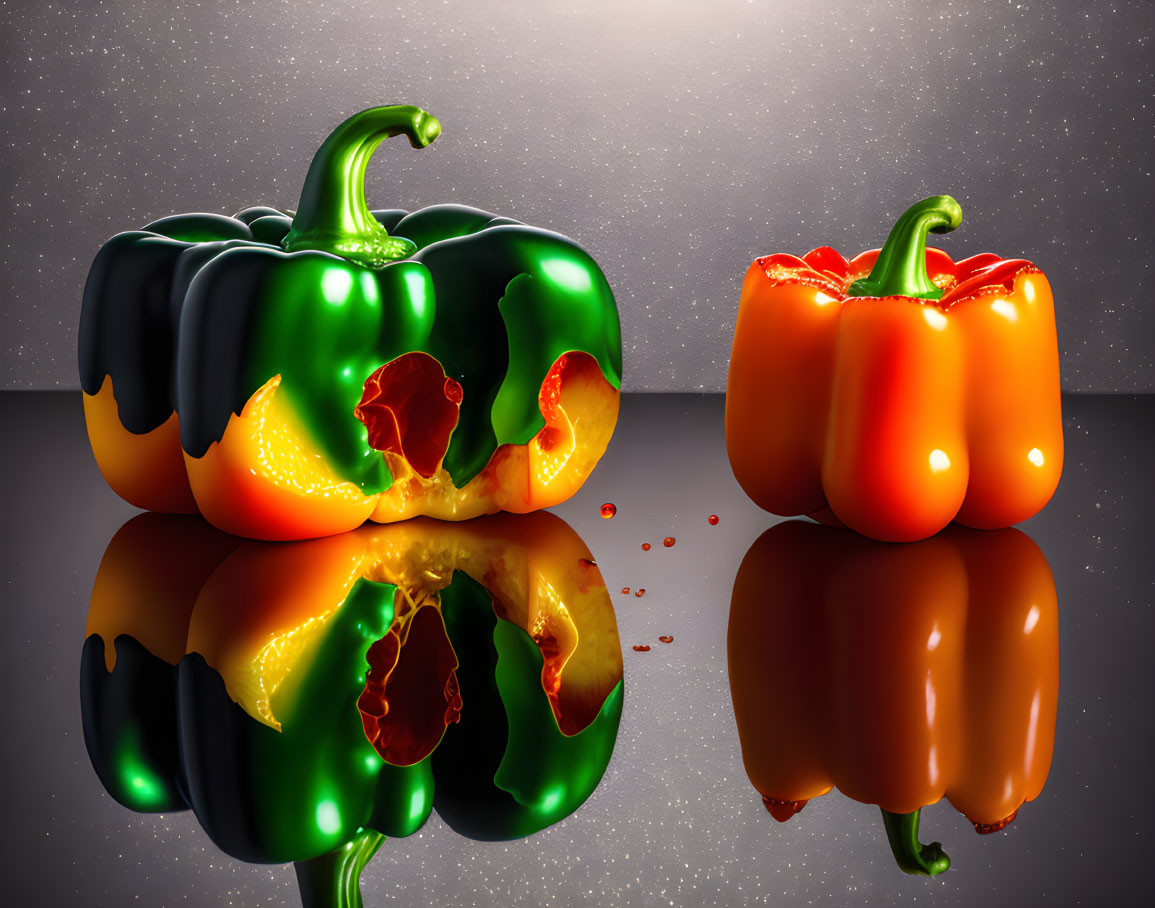 Colorful Bell Peppers with Juicy Bites on Reflective Surface