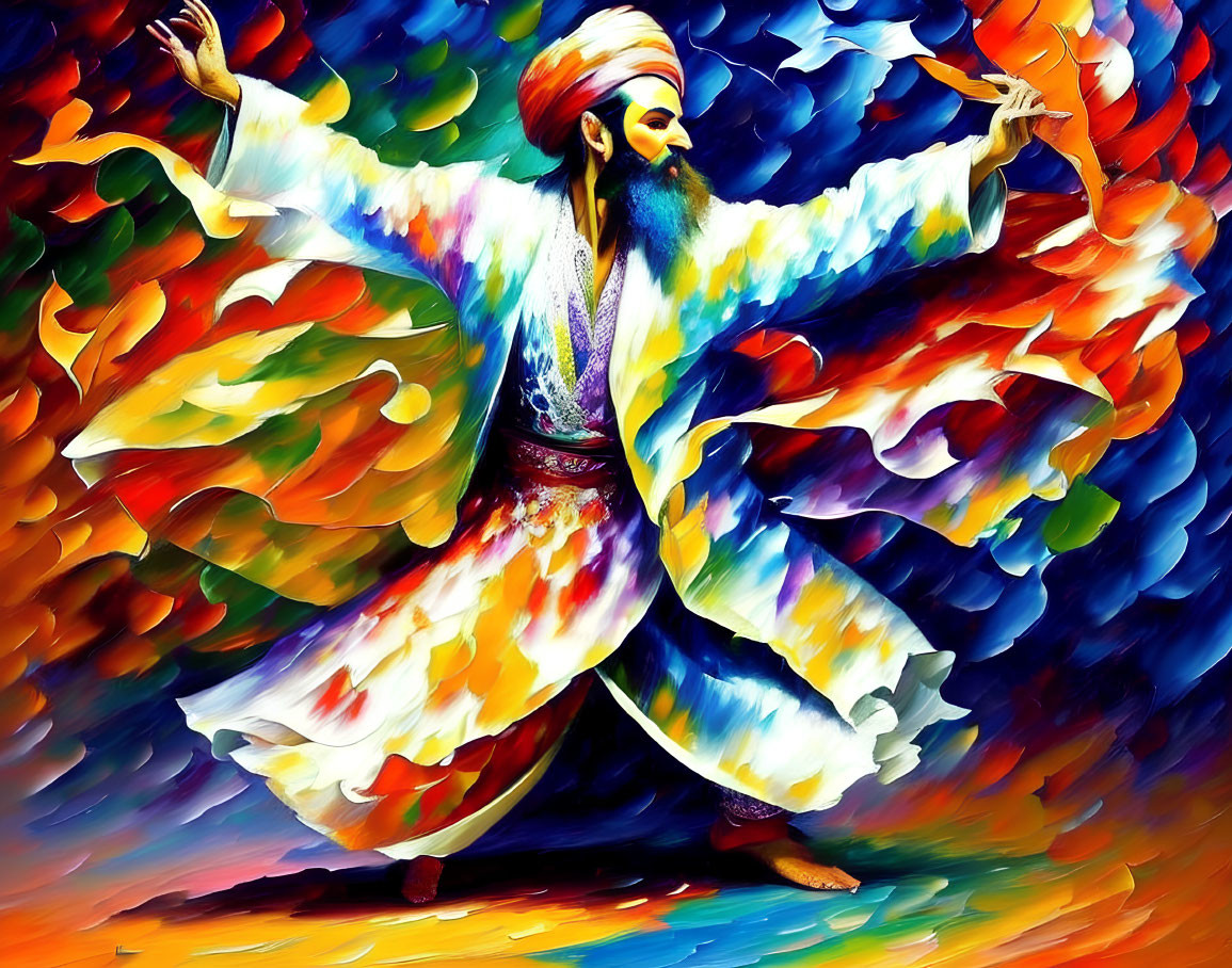 Vibrant Whirling Dervish Artwork with Colorful Flowing Robes