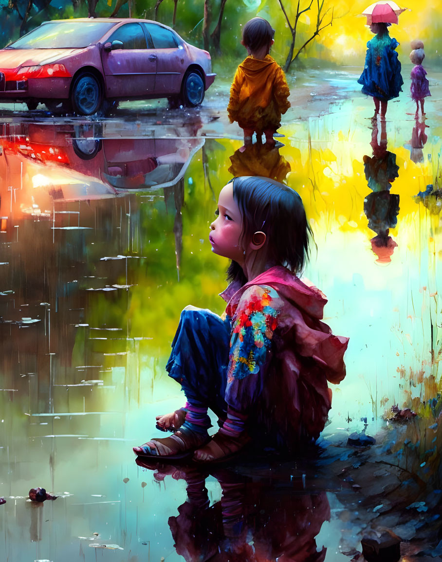 Child in Colorful Clothing Reflects by Puddle in Surreal Landscape