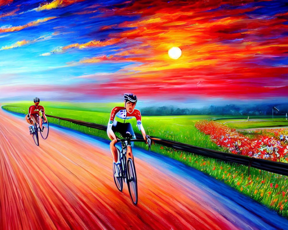 Vividly colored road with two cyclists under dramatic sunset sky
