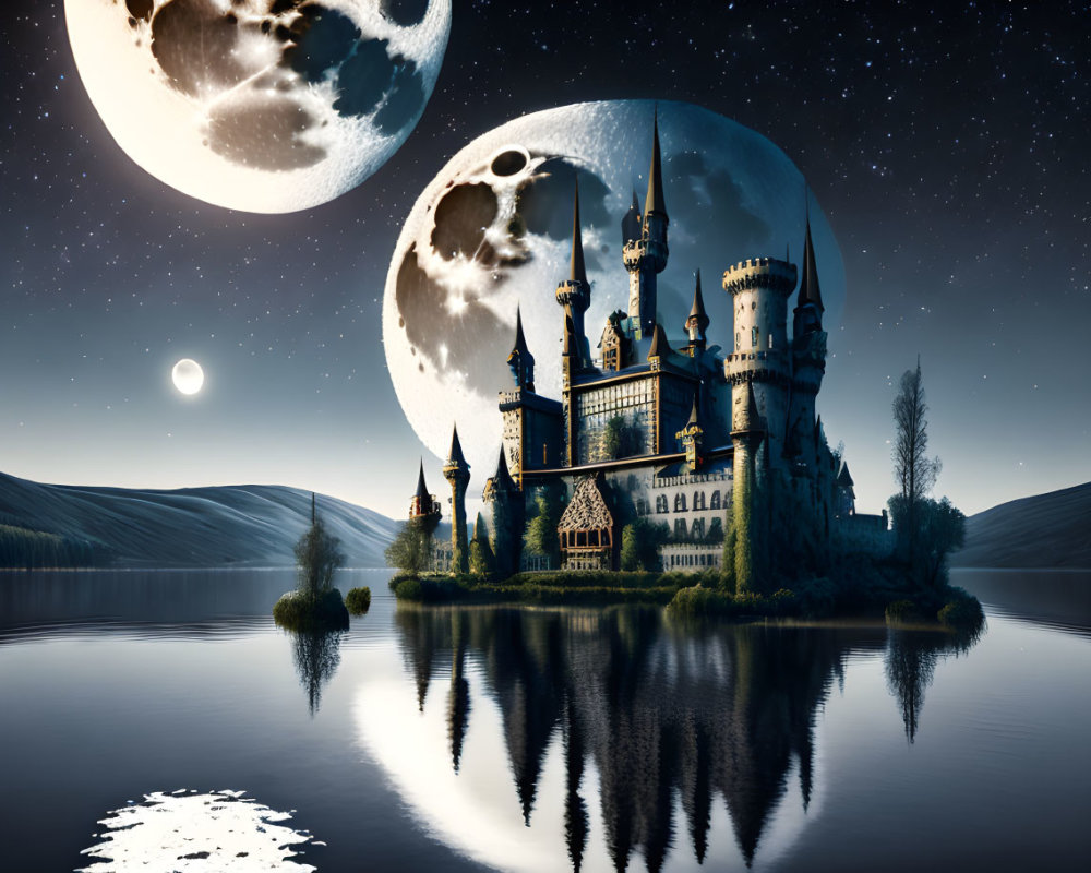 Fantasy castle at night reflected in tranquil lake, with hills and two moons.