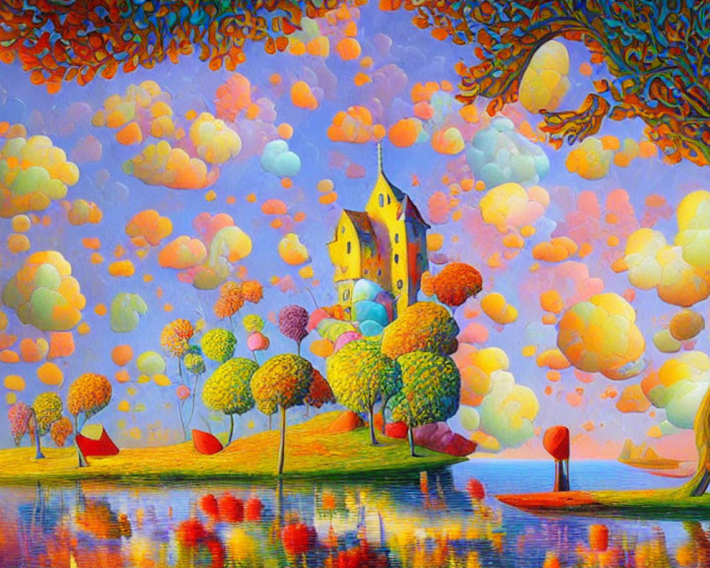 Colorful Landscape Painting with Castle, Trees, Lake, and Clouds