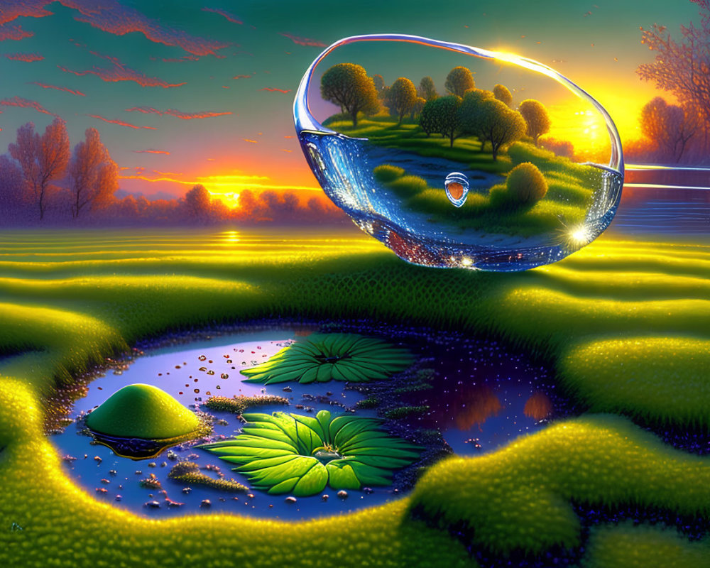 Surreal landscape with floating crystal sphere and vibrant nature scene