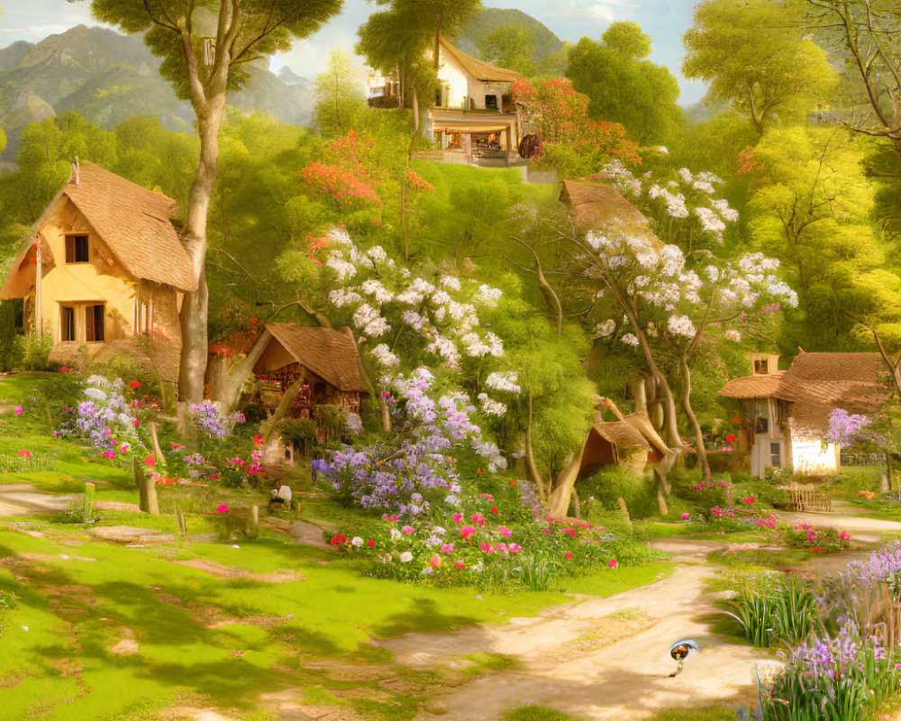 Scenic village with charming houses, greenery, flowers, and mountains.