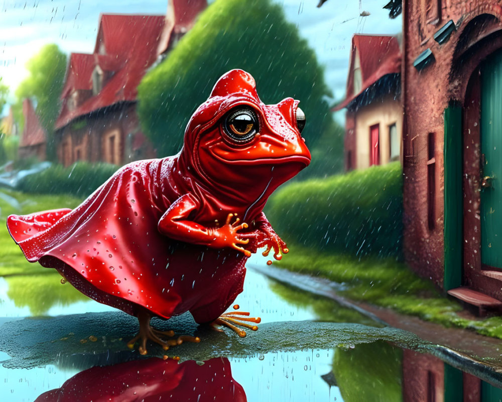 Red frog in cape on wet surface with raindrops and houses - vivid image.