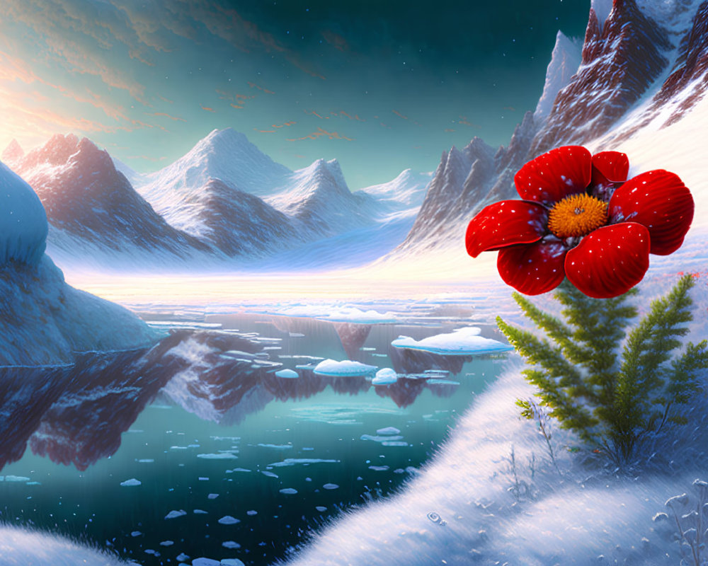 Red flower blooming in snowy mountain landscape with mirror lake