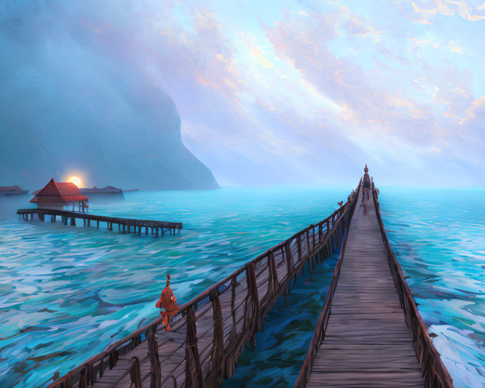 Tranquil landscape with wooden pier, hut, cliffs, and sunset sky