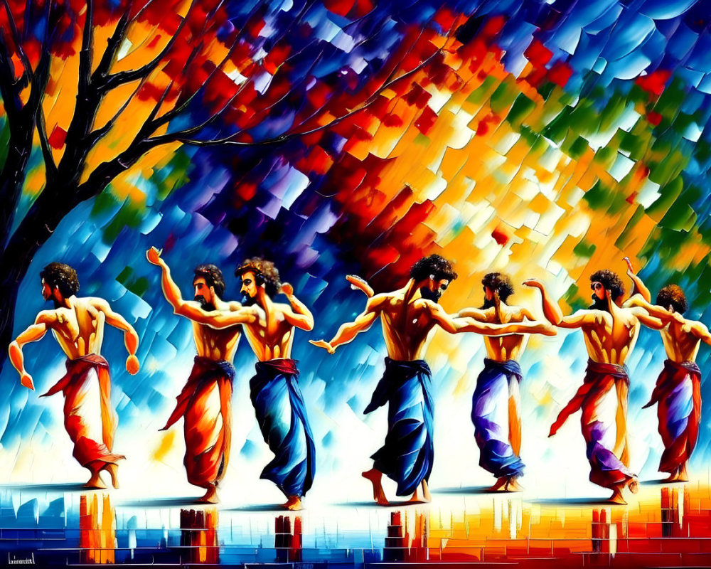 Colorful painting of seven people dancing under blue skies and autumn trees