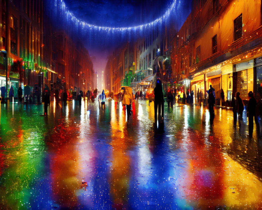 Colorful Night Scene: Vibrant City Street with Crowds & Shop Windows