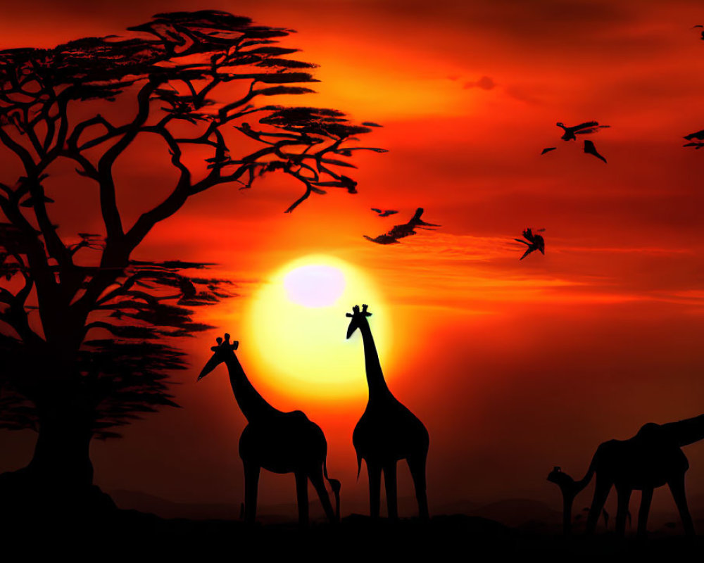 African savannah sunset with giraffes, Acacia tree, and birds in flight