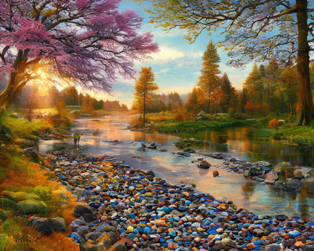 Scenic landscape with cherry blossom tree, sunlit river, lush greenery
