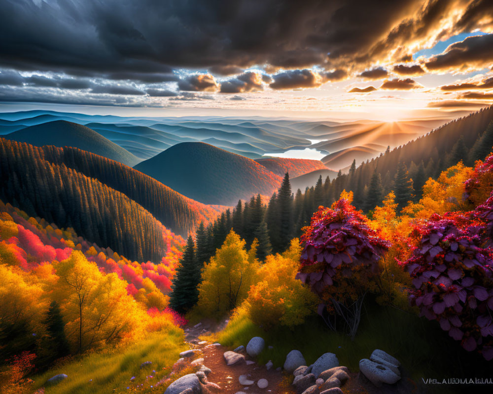 Vivid Landscape with Rolling Hills and Autumn Forest Under Colorful Sky