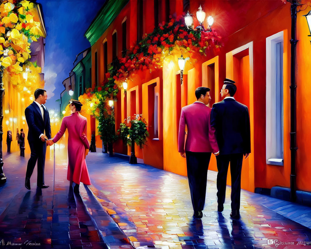 Colorful Night Street Scene with Couples Meeting and Hanging Lanterns