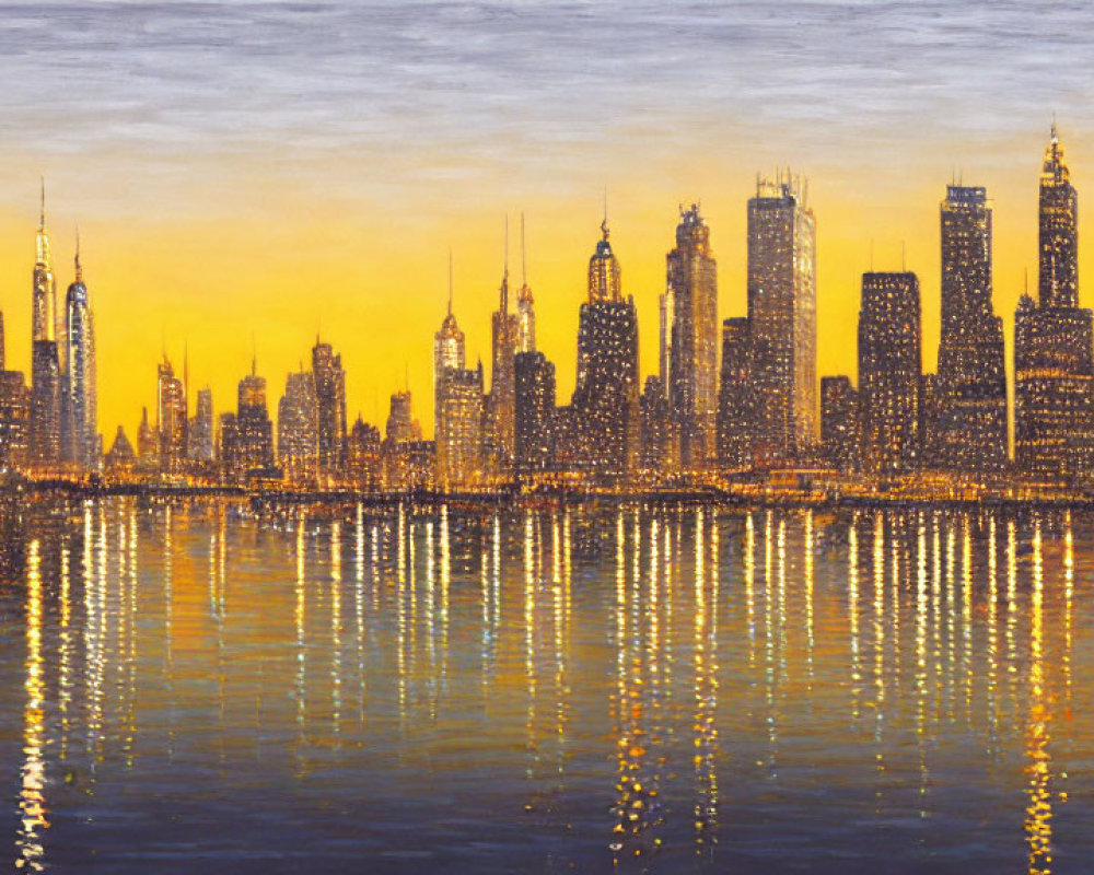 Panoramic City Skyline Sunset Painting with Yellow and Orange Hues