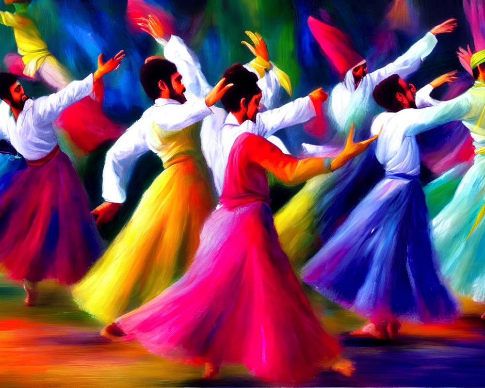 Colorful Traditional Attire Dancers Painting on Dark Background